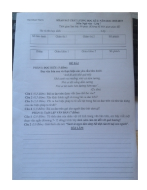 Đề thi khảo sát chất lượng học kỳ II môn Ngữ văn Lớp 7 - Năm học 2018-2019 (Có đáp án)